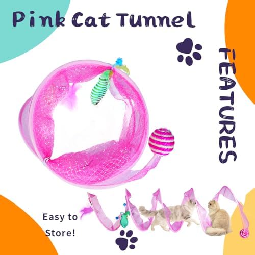 Cat Tunnel with Hanging Toys, Cat Toys Kitten Toys Assorted, Indoor Activity Center for Cats and Kittens, 10 x 22 inches (Pink) - Image 3