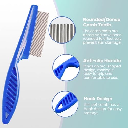 MEDUWEDU 5 Pack Flea & Lice Comb Set for Cats, Dogs & Kids – Stainless Steel Fine Tooth Nit Comb Kit with Double-Sided Tear Stain Remover, Grooming Brush & Peine para Piojos for Thick Hair (Blue) - Image 2