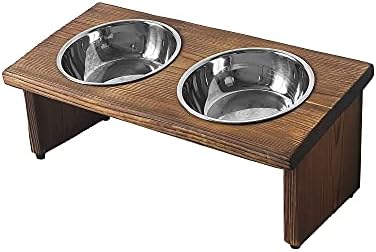 Elevated Cat Bowls, Wooden Raised Cat Bowl Stand with 2 Stainless Steel Bowls, 14.56 x 7 Inch Pet Feeding Station, Double Food and Water Bowls for Cats and Small Dogs by KOLYMAX