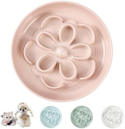 Melamine Cat Slow Feeder Bowl - Floral Maze Cat Food Dish - Flat Plate for Dry & Wet Food - Cute Kitten Bowl - Dishwasher Safe - 6.3'' W x 1'' H - 5.5 oz (160g) - Pink by PTOBER