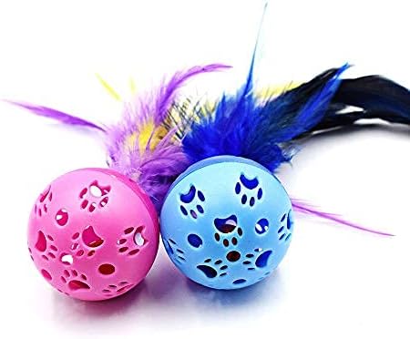 BeeSpring Cat Balls Interactive Cat Toy Feather Balls with Loud Bell Inside (2Pcs - Red, Blue)