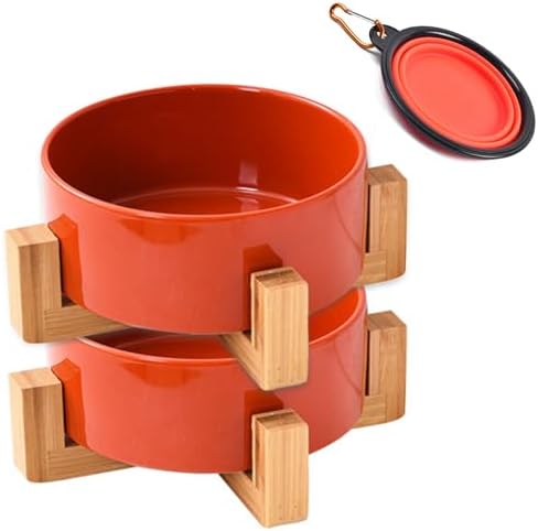 Petygooing Ceramic Dog Cat Bowl Set with Stand - Medium Dog Bowls, Anti-Slip Set of 2 - 28 OZ /3.6 Cups - Rust Red by PetygooingforYOURLOVEDPET