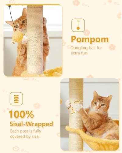 MUTTROS 28" Flower Cat Tree Cute with Flower Top Perch, Large Hammock for Indoor Small Cats, Small Cat Tower with Cute Scratching Post and Fur Toy Ball for Kittens, Yellow - Image 6