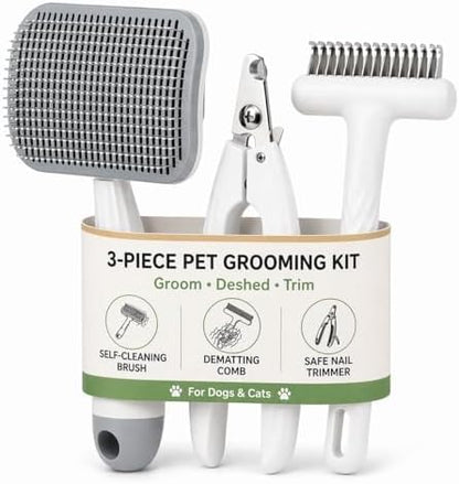 3-Piece Dogs & Cats brush for shedding - Self Cleaning Slicker Brush, Dematting Comb & Nail Clipper - Professional 3-in-1 Grooming Set for Shedding, Mats & Tangles - Easy At-Home Pet Care Tools by cleanan