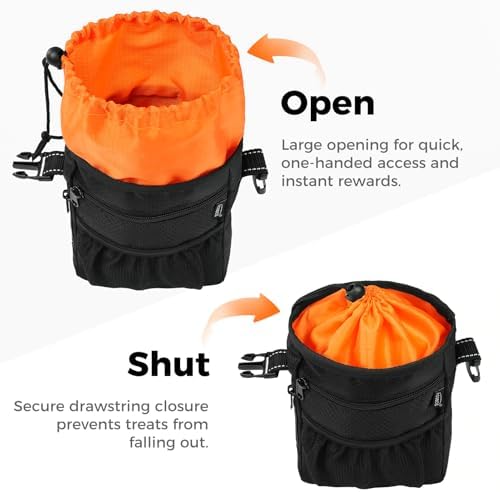Aosbos Dog Treat Pouch with Built-in Poop Bag Dispenser & Easy-Clean Liner - Dog Training Treat Bag with Reflective Strap & Belt Clip, Black Orange - Image 5