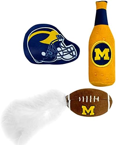 BEST PLUSH CAT TOY NCAA MICHIGAN WOLVERINES Complete Set of 3 piece Cat Toys filled with Fresh Catnip. Includes: 1 Helmet Cat Toy, 1 Football Cat Toy with Feathers & 1 Beer Bottle. Beautiful Team LOGO - Image 6
