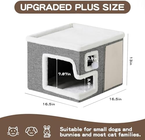 Cat Houses for Indoor Cats, Covered Cave Bed with Scratch Pad and Fluffy Ball, Foldable Cat Hideaway Condo for Large Cats, Modern Kitten Bed,16.5x16.5x13 inches (Grey, Large) - Image 4