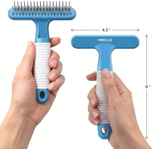 POODLIE Poodle Pet Dog Grooming Rake | Dematting Tool with Stainless Steel Shedding Comb for Pets | 2 Rows of Pins Gently Remove Loose or Tangled Hair from Undercoat (Blue) - Image 6