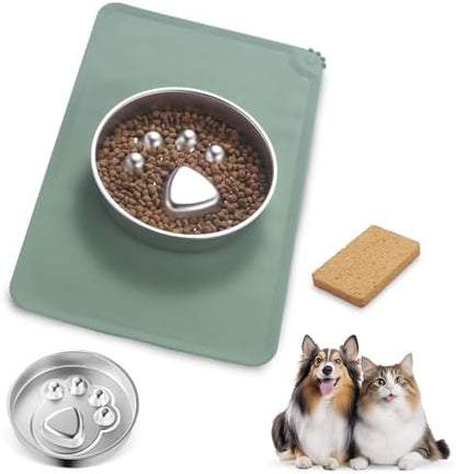 Stainless Steel Slow Feeder Dog Bowls – Non-Slip Metal Dog Bowl for Large & Medium Breeds, Puppy Puzzle Feeder – 2 Cup Capacity for Small to Big Pets – Durable Slow Feed Dog & Cat Food Dish with Mat by Unknown