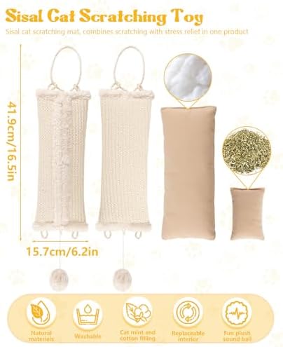 16.5 Inch Sisal Catnip Pillow Toy Kickers, Washable Sisal Cover, Interactive Cat Toys with Sisals Balls for Indoor Scratching, Chewing & Teething, Fun for Kittens and Adult Cats (Beige) - Image 2