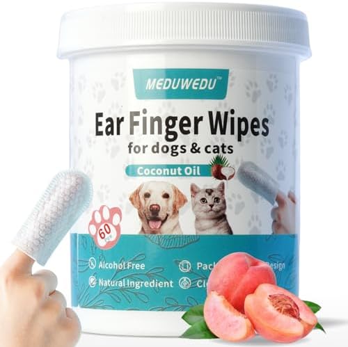 MEDUWEDU Ear Cleaner Finger Wipes 60 Counts, Dog Ear Cleaner, Grooming Kit Care for Dogs and Cats, Soft & Easy Otic Cleaning Pads, Remove Wax, Dirt & Stop Smelly, Itchy, Non-Irritating, Peach Scent by MEDUWEDU