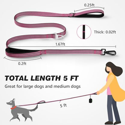 Double Handle Dog Leash with Poop Bag Holder and Car Seat Belt Buckle - Image 2