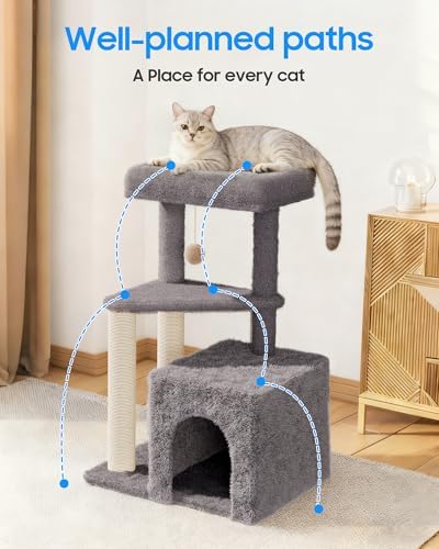 Cat Tree Tower for Indoor Cats, 33 Inches Multi-Level Cat Condo with Scratching Posts, Large Perch, Hanging Toy for Large Adult Cats, Gray - Image 4