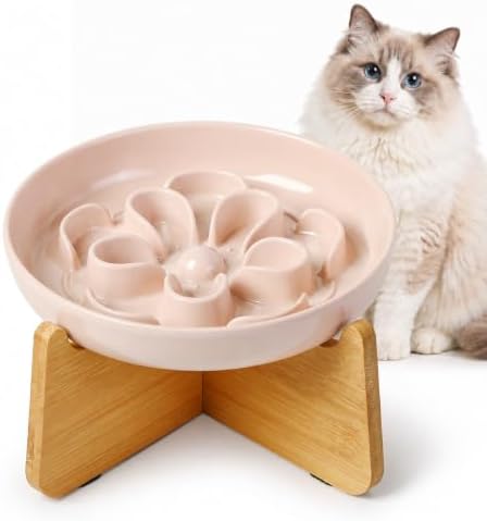 Elevated Slow Feeder Cat Bowl - Melamine Cat Dish with Anti-Slip Bamboo Stand - Whisker Friendly Feeding Bowl - Floral Maze Food Plate for Slow Eating - Pink by PTOBER
