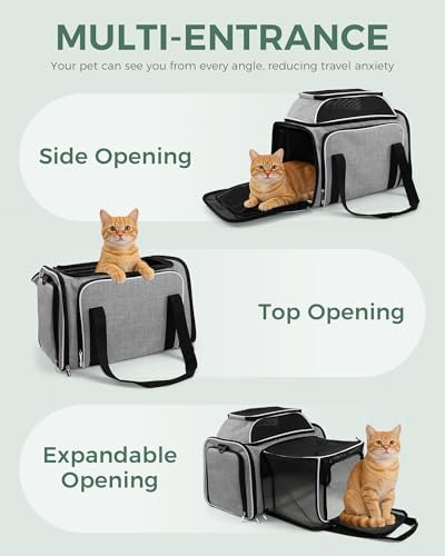 Cat Carrier Bag,Airline Approved Pet Carrier Soft Side Pet Travel 5 Sides Open Doors 5 Sides Expandable Foldable Dog Carrier with Fleece Pad(Patent Pending) Grey - Image 5