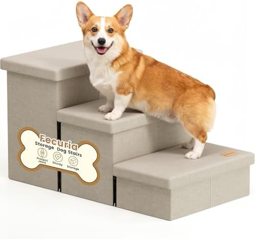 3-Step Wide Dog Stairs with Hidden Storage 18" H, Non-Slip Dog Steps for High Bed Couch Window Car, Jiont-Friendly Pet Stairs Ramp for Small/Medium/Large Old Dogs Cats Up to 220lbs, Beige by Fecuria