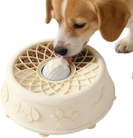 Slow Feeder Dog Bowl with Rolling Ball, No Spill Silicone Pet Lick Bowl for Dogs and Cats, Anti Slip Suction Base, Interactive Pet Feeder for Slower Eating and Cleaner Mealtime (White) by Unknown