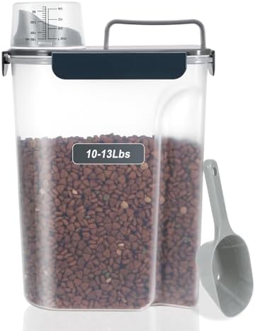 LEAWALK 10-13 Lbs Upgrade Capacity Dog Cat Food Storage Container, Pet Dog Treat Container, Airtight, Clear Bucket Body, With 2-Cup Scoop, Handle, Large Nozzle, 4-Safety Buckles, Easy to Clean, Blue by LEAWALK