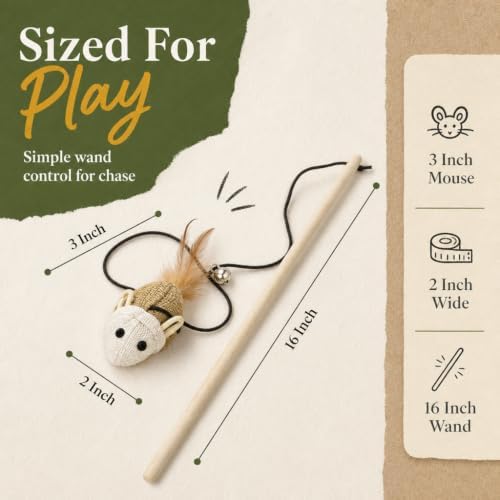 Cat Kitten Teaser Wand Toys, Sisal with Mouse, Bell, Feather, Elastic String, Sturdy Wood Stick, Interactive Fun, Cat Catcher Mice for Pet, Set of 3 - Image 3