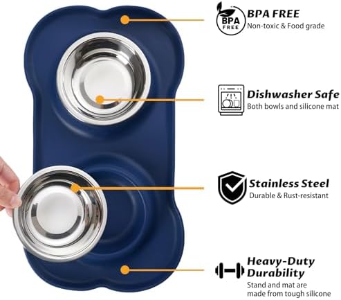Hubulk Pet Dog Bowls 2 Stainless Steel Dog Bowl with No Spill Non-Skid Silicone Mat + Pet Food Scoop Water and Food Feeder Bowls for Feeding Small Medium Large Dogs Cats Puppies (Small, Navy Blue) - Image 2