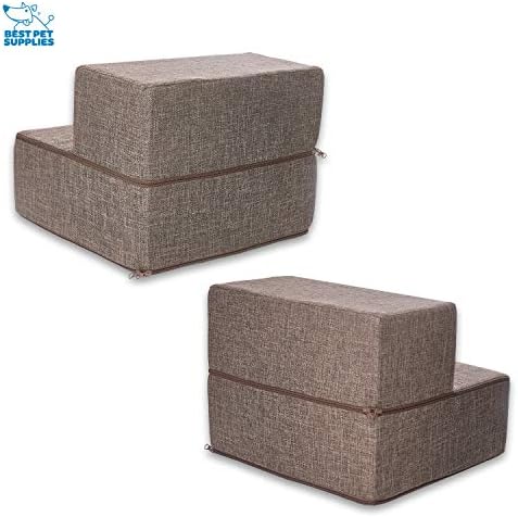 Best Pet Supplies Portable Foldable Foam Pet Stairs/Steps for Couch, Sofa, and High Bed, Non-Slip Bottom Balanced Paw Safe - Brown Linen, Foldable 2-Step (H: 12") - Image 3