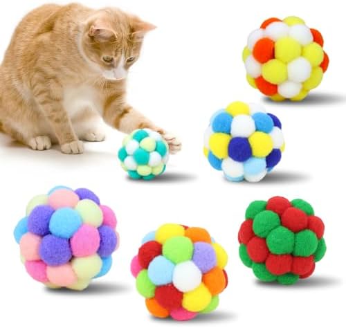 Cat Toys Balls 6 Pieces with Bells 5cm Soft Cat Pom Poms Balls Cats Interactive Ball Toy for Cats Kitten Indoor Outdoor Playing Chewing Scratching (Cat Ball Set 2) by Yasdyri