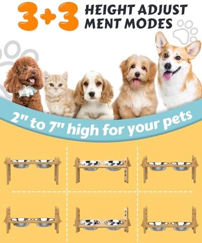 Jovrun Elevated Dog Bowls, Adjustable Raised Dog Bowl Stand for Small Size Dogs and Cats, 15°Tilted Elevated Cat Bowls, Durable Bamboo Dogs Feeder with 2 Stainless Steel Bowls and Non-Slip Feet - Image 2