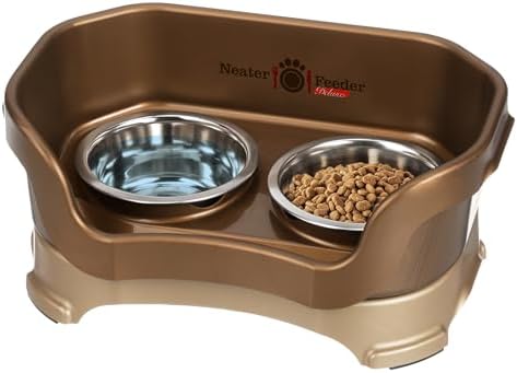 Neater Pet Brands Neater Feeder Deluxe Mess Proof Cat Bowls Elevated, Made in USA, No Spill Raised Bowls for Indoor Cats, Stainless Steel Food and Water Bowl Set, Pet Dish Feeding Station, Bronze by NeaterPetBrands