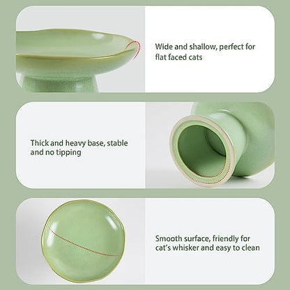 Wide Shallow 6.1" Raised Cat Bowls, Ceramic Elevated Food Bowl for Flat Faced Cats and Small Dogs, Porcelain Feeder Bowl, Stress Free, Protect Cat’s Spine, Green - Image 3