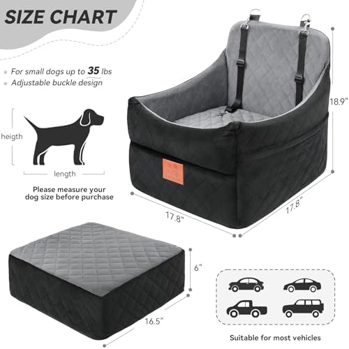 GL GLENSLAVE Dog Car Seat for Small/Medium Dogs, Dog Booster Car Seats with Thick Cushion for Dogs Under 35lbs, Detachable Washable Pet Carseat with Storage Pockets, 2 Safety Belts(Black/Grey) - Image 3