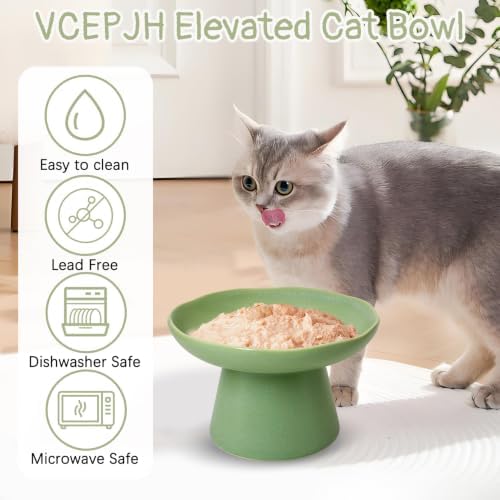 VCEPJH Raised Cat Food Bowls Shallow Cat Plate Ceramic Elevated Cats Dish 6.1in Flat Anti Whisker Fatigue Wide Pet Food & Water Feeder for Indoor Kitty Kitten (Green) - Image 6