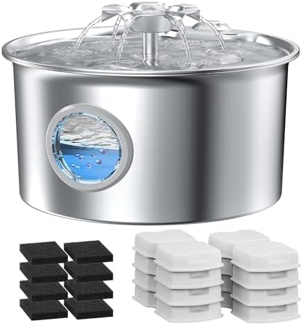 Pet Water Fountain Stainless Steel: Cat Fountain with 8 Filters & 8 Sponges by IHOUONE