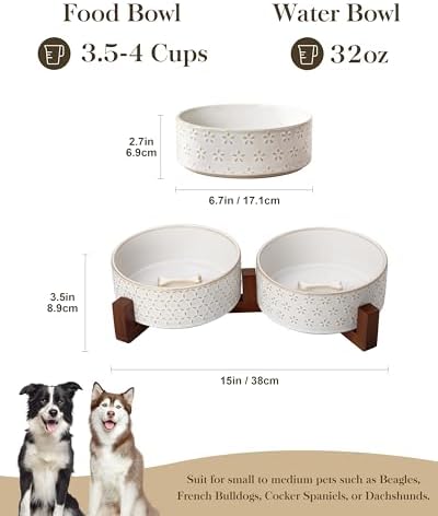MALACASA Dog Bowl Set, Ceramic Bowls with Walnut Wood Stand, 4 Cups - Image 2