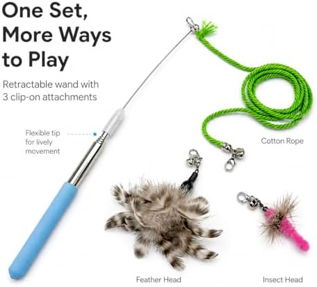Cat Wand Toy Set, Retractable Stainless Steel Wand with 3 Interchangeable Attachments, Feather, Insect, Cotton Rope - Image 6