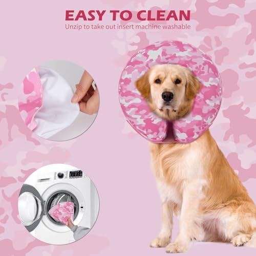 IEUUMLER Inflatable Recovery Dog Cone Collar, Neck Donut Protective ECollar, Adjustable Soft Collar for Dog and Cat After Surgery Prevent from Biting & Licking EU020 Pink Camo L+ - Image 6