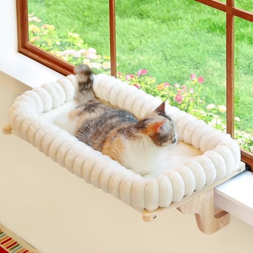 Zakkart SnugCloud Cat Perch for Windowsill (Natural Wood/Cream White, M) by Zakkart