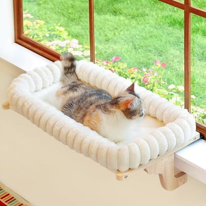 Zakkart SnugCloud Cat Perch for Windowsill (Natural Wood/Cream White, M) by Zakkart