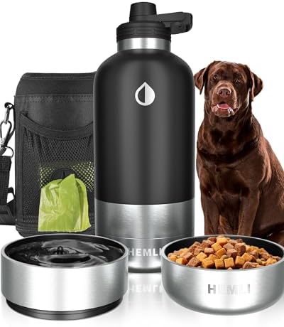 Dog Water Bottle, Insulated Dog Travel Water Bottle, Stainless Steel Pet Water Bottle Dispenser Portable Food and Water Bowl for Dogs with Carrying Case for Walking Dog Canteen Travel Kit by Hemli