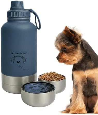 Love Wag & Play Dog Water Bottle with Food Bowls, Portable Stainless Steel Bottle for Dogs, Leakproof Travel Design with Detachable Bowls for Walks, Hikes and Outdoor Adventures (32 oz) by LoveWagPlay