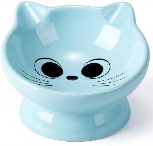 Raised Cat Food Bowl Ceramic 15° Tilted Cat Food Bowls Protect Cat's Spine Anti Vomiting Backflow Prevention Bowls for Adult Kitty, Kitten, and Small Dogs, Blue by AISBUGUR