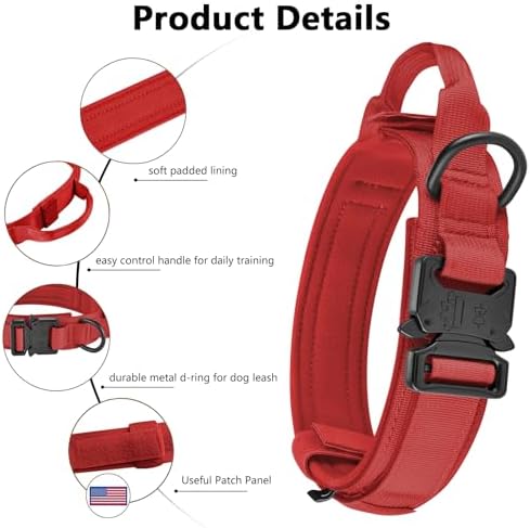 DAGANXI Tactical Dog Collar, Adjustable Military Training Nylon Dog Collar with Control Handle and Heavy Metal Buckle for Medium and Large Dogs, with Patches and Airtags Case (Red, XL) - Image 3