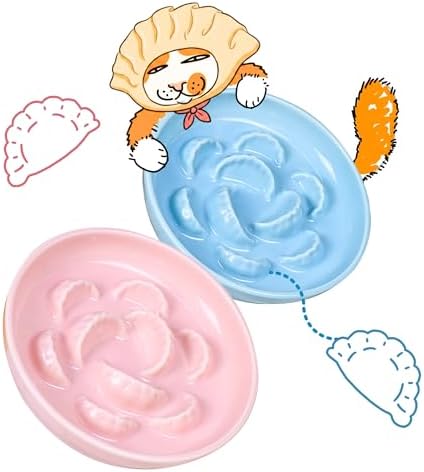 Ceramic Cat Slow Feeder Bowl Set, 2 Pcs Dumpling Shape Cat Food Plates, 6.2" W Wide Shallow Whisker Friendly Slow Feeding Cat Bowls for Dry Food, Wet Food & Treats, Dishwasher Safe (Pink + Blue) by Tafelf