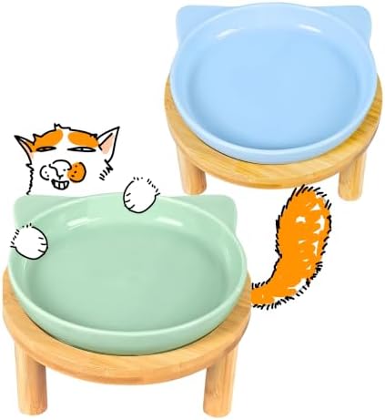 Elevated Ceramic Cat Bowls with Bamboo Stand for Cat Bowl, Whisker Friendly Shallow Cat Plate, Stable Raised Cat Food Riser for Indoor Cats (Green+Blue, Plates with Stands(Set of 2)) by Tafelf