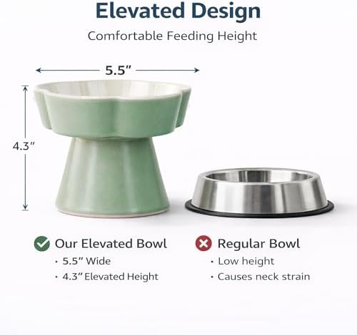 Ceramic Elevated Slow Feeder Cat Bowl, Raised and Gently Tilted Feeding Dish with Maze Design, Whisker-Friendly, Easy to Clean, for Indoor Cats and Small Dogs (Green/Ivory) - Image 2
