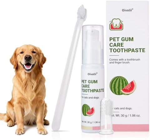 Dog Toothpaste Kit for Gum Care – Watermelon Flavor Dental Toothpaste with Finger Brush & Long-Handle Toothbrush – Reduces Plaque, Soothes Gums, Freshens Breath – Safe for Daily Use by Oivolii