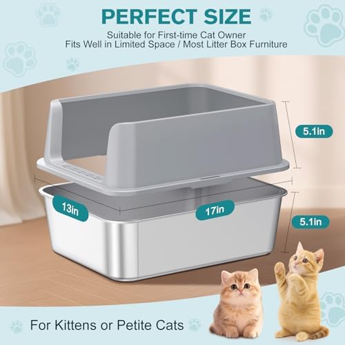 Stainless Steel Cat Litter Box, Metal Kitty Litter Box with High Sides for Small Cats,Kittens, Open Top Litter Boxes with Anti-Leak Lid,Odorless,Non-Sticky, Easy to Clean,Scoop Include,M - Image 2