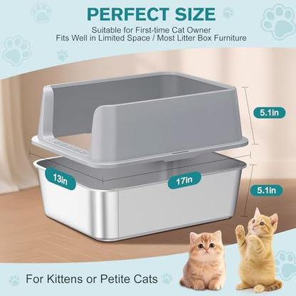 Stainless Steel Cat Litter Box, Metal Kitty Litter Box with High Sides for Small Cats,Kittens, Open Top Litter Boxes with Anti-Leak Lid,Odorless,Non-Sticky, Easy to Clean,Scoop Include,M - Image 2