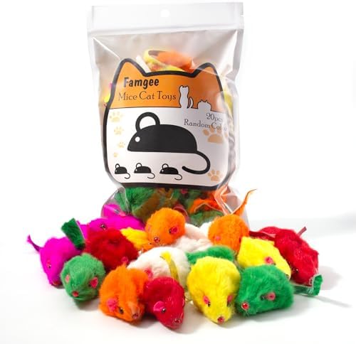 20 PCS Furry Squeak Mouse Rattle Sound Plush Mice Fur Interactive Catch Play Catcher Pet Kitten Cat Toys (Random Color) by Famgee