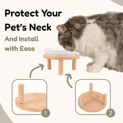 Slow Feeder Cat Bowls with Bamboo Stand, Ceramic Elevated Pet Food Plates for Cats and Small Dogs, Raised Non-Slip Feeder (White/6.3") - Image 4
