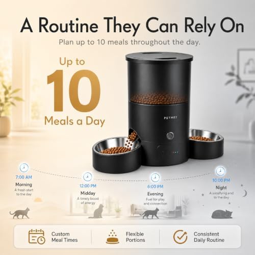 3L Cat Treat Dispenser with Dual Stainless Steel Cat Bowls - Quiet Automatic Cat Feeder for 2 Cats with App Control, 2 Way Audio, Dual Power Options, Self-Feeding Cat Food Dispenser - Black - Image 5